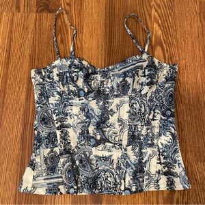 Blue Renaissance Print Structured Corset Top